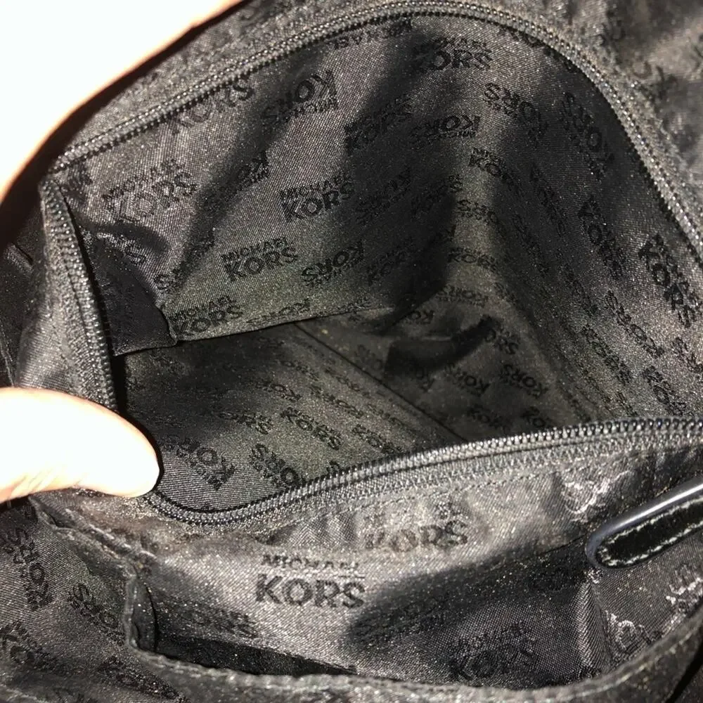 MICHAEL KORS Signature Tote Canvas Handbag Black LOGO Shoulder Bag Purse Gold